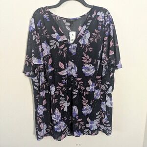 NWT Lane Bryant Dark Floral Peplum Top with Flutter sleeves Size 26